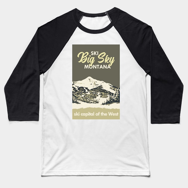 Grey Ski Big Sky Montana Vintage Ski Poster Baseball T-Shirt by ROEDERcraft